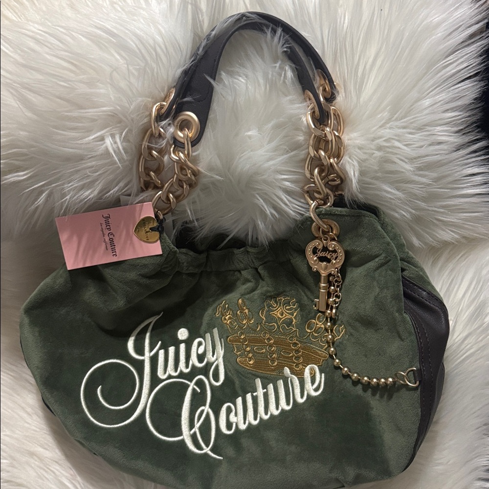 Juicy Couture Olive Green Logo Tote with Gold Chain Trim